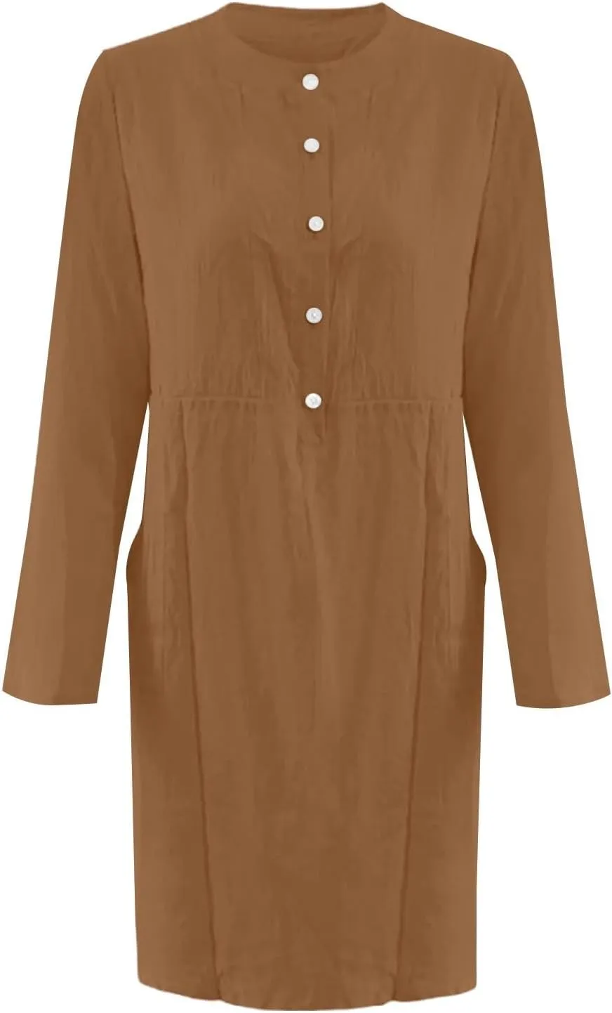 Linen Cotton Dresses for Women 2025 Button Shirt Dress Long Sleeve Round Neck Dressy Casual Mini Dresses with Pockets