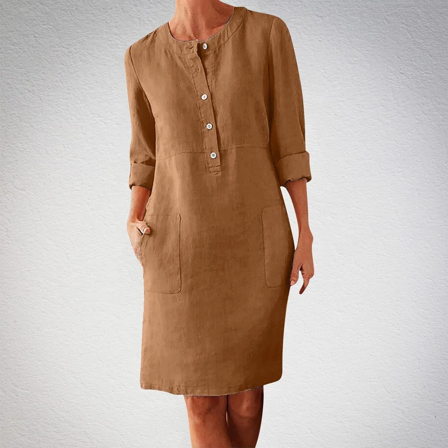 Linen Cotton Dresses for Women 2025 Button Shirt Dress Long Sleeve Round Neck Dressy Casual Mini Dresses with Pockets