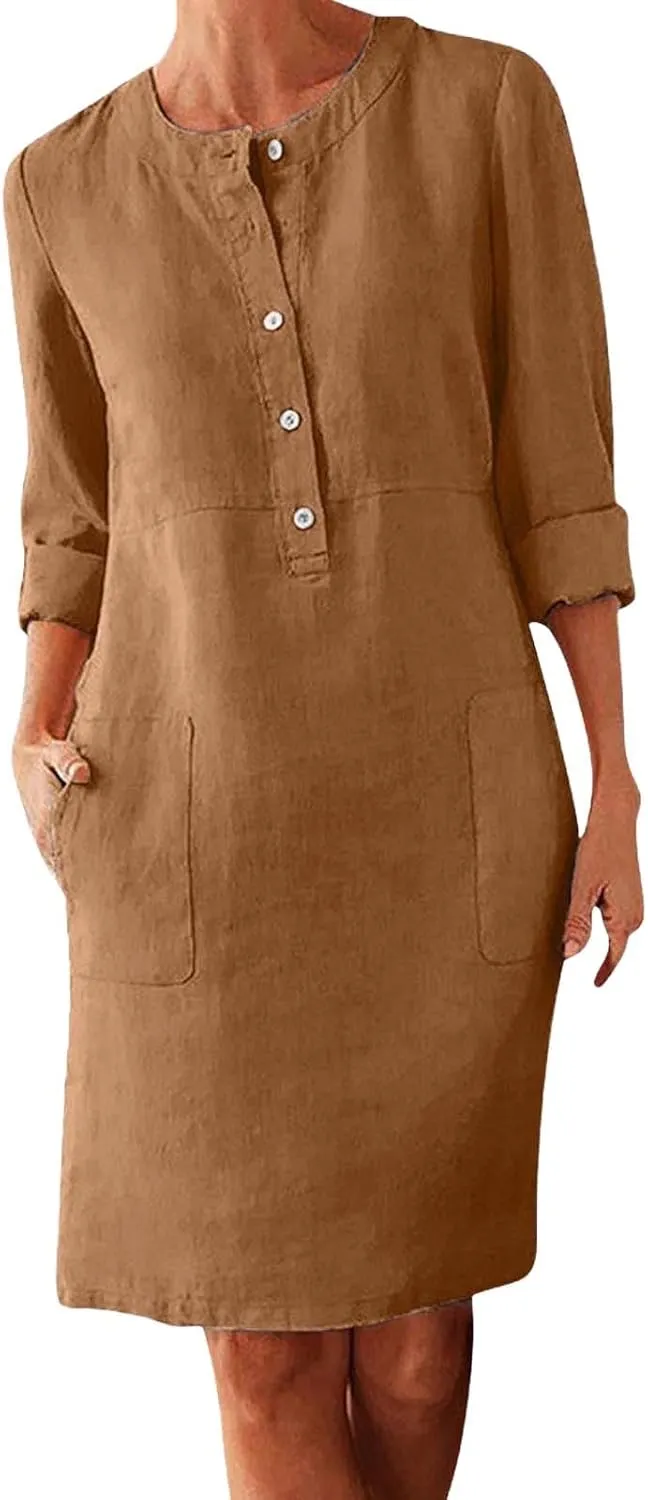 Linen Cotton Dresses for Women 2025 Button Shirt Dress Long Sleeve Round Neck Dressy Casual Mini Dresses with Pockets