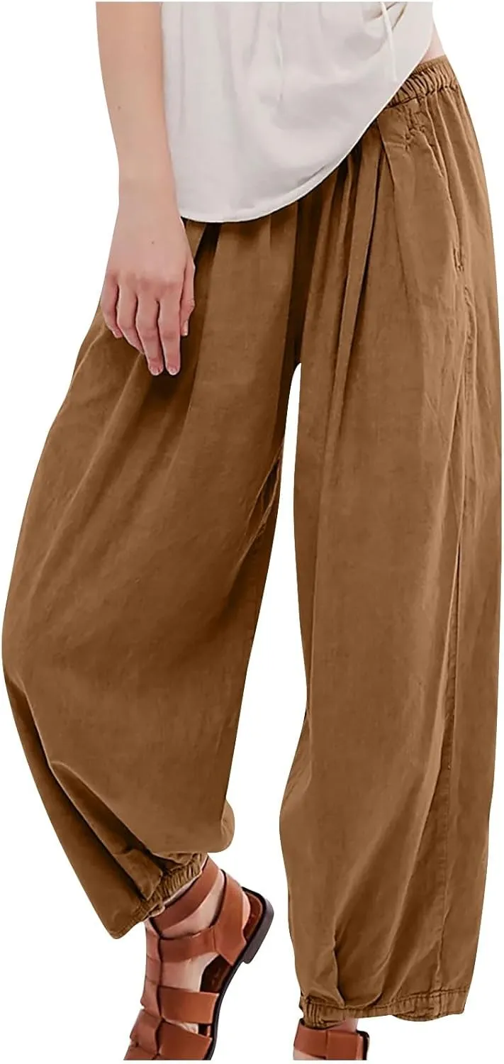 Linen Pants Womens High Waist Loose Fit Beach Pants Casual Wide Leg Pants with Pockets Summer Fashion Lounges 2025