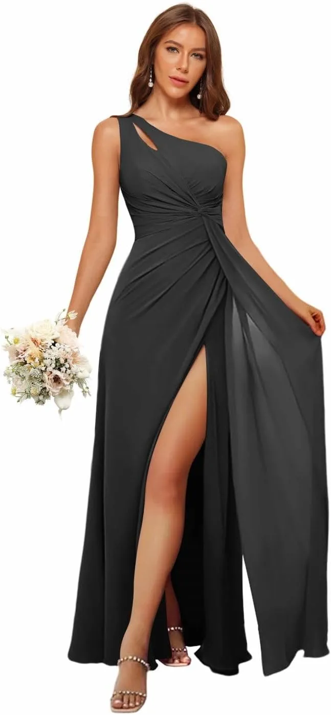 Loyeloy Women's One Shoulder Bridesmaid Dresses with Slit 2025 Chiffon Ruched Waist Formal Party Dress