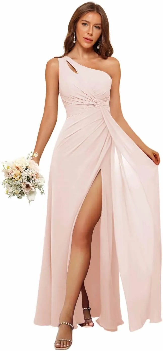 Loyeloy Women's One Shoulder Bridesmaid Dresses with Slit 2025 Chiffon Ruched Waist Formal Party Dress
