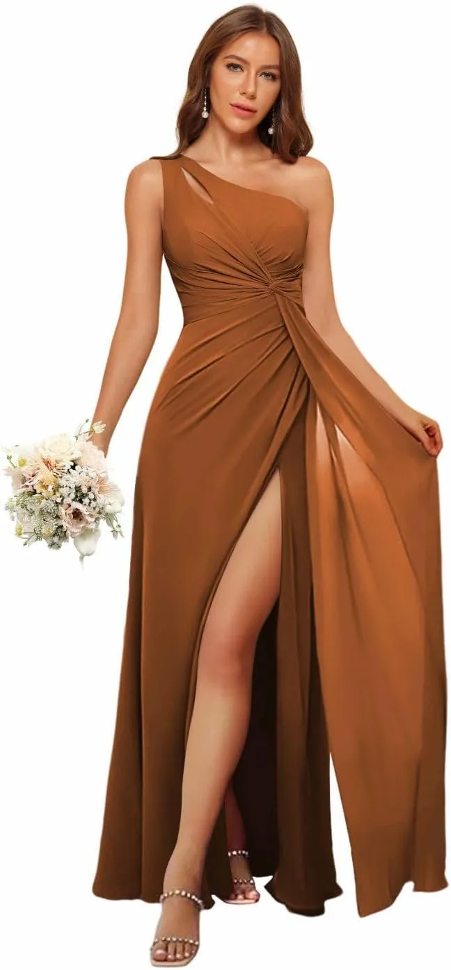 Loyeloy Women's One Shoulder Bridesmaid Dresses with Slit 2025 Chiffon Ruched Waist Formal Party Dress