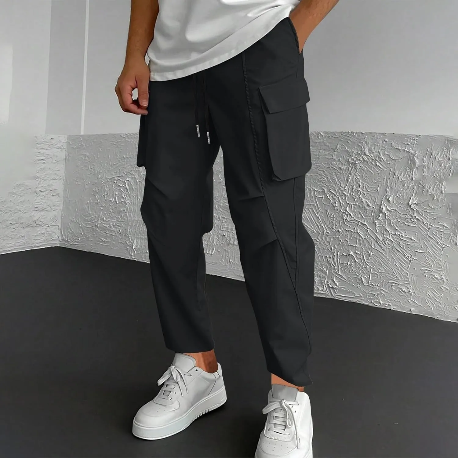 Mens Cargo Pants Elastic Waist Drawstring Slim Fit Skinny Joggers for Men Lightweight Hiking Pants with Multi Pockets
