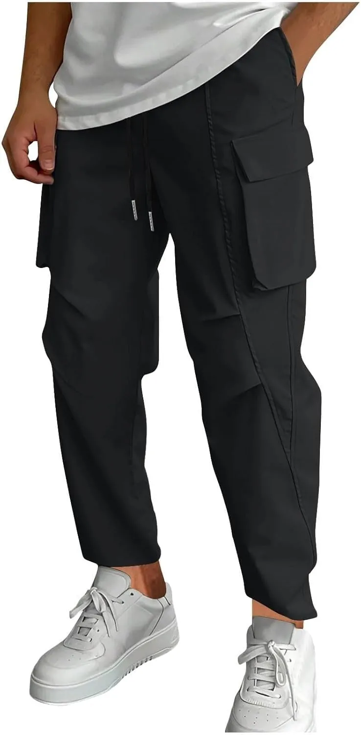 Mens Cargo Pants Elastic Waist Drawstring Slim Fit Skinny Joggers for Men Lightweight Hiking Pants with Multi Pockets