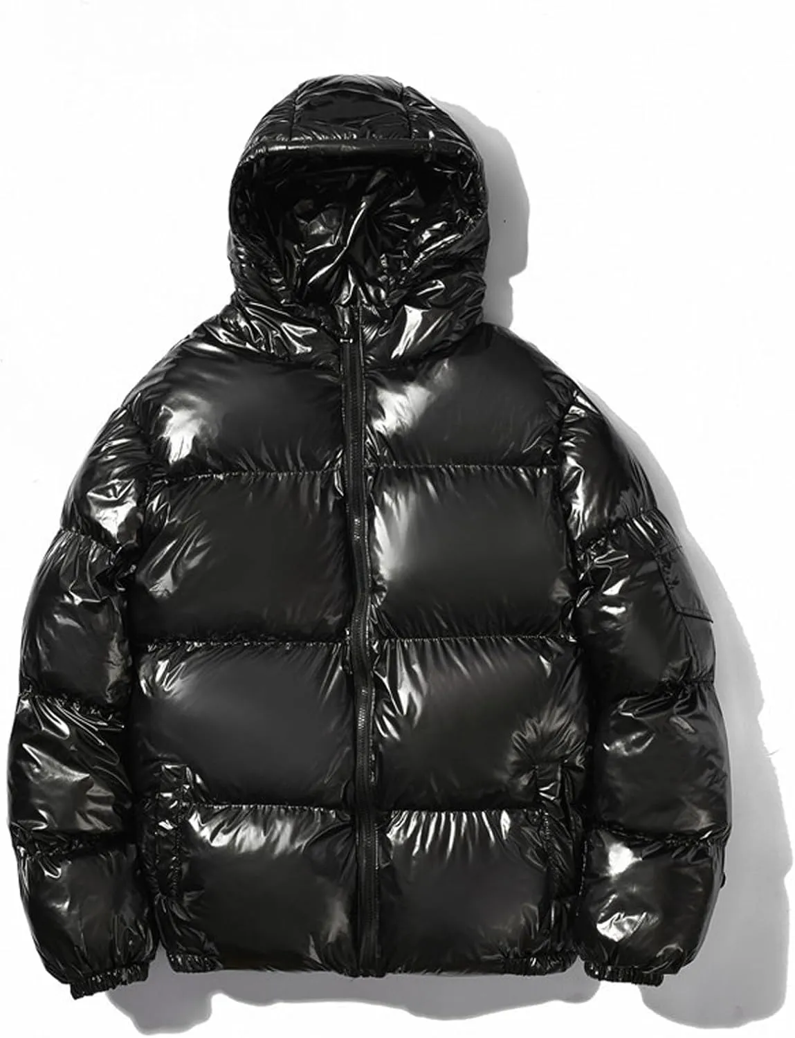 Mens Glossy Puffer Jacket Shiny Down Jacket Hooded Quilted Insulated Jacket Zip up Padded Coat Warm Winter Coats