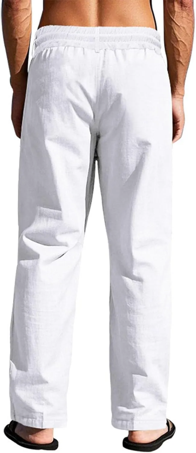Mens Linen Pants Elastic Drawstring Waist Straight Legs Trouser with Pockets Casual Summer Loose Fit Yoga Beach Pant