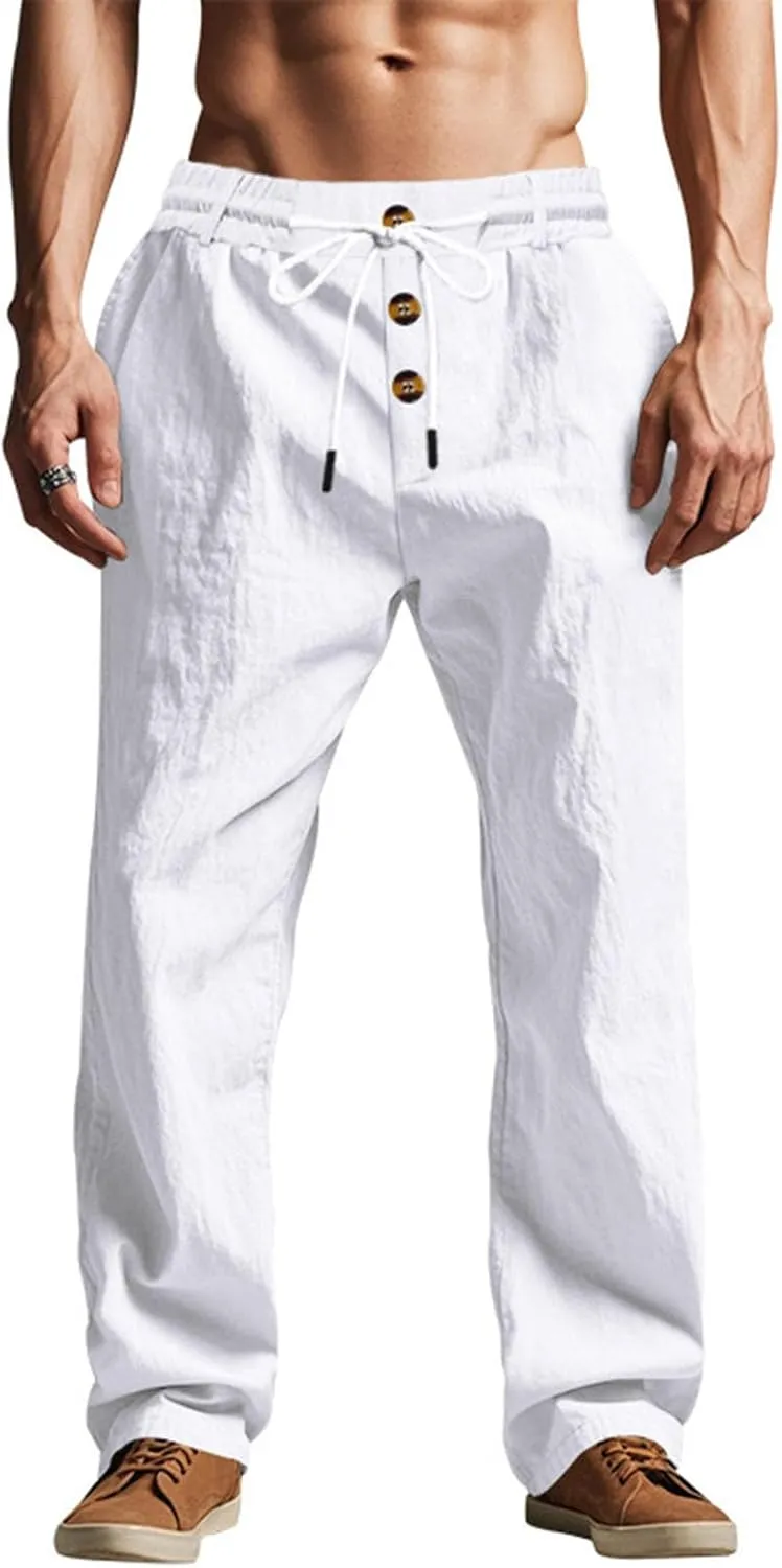 Mens Linen Pants Elastic Drawstring Waist Straight Legs Trouser with Pockets Casual Summer Loose Fit Yoga Beach Pant