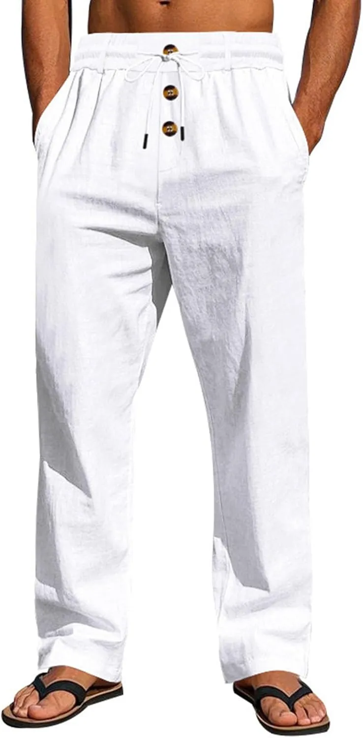 Mens Linen Pants Elastic Drawstring Waist Straight Legs Trouser with Pockets Casual Summer Loose Fit Yoga Beach Pant