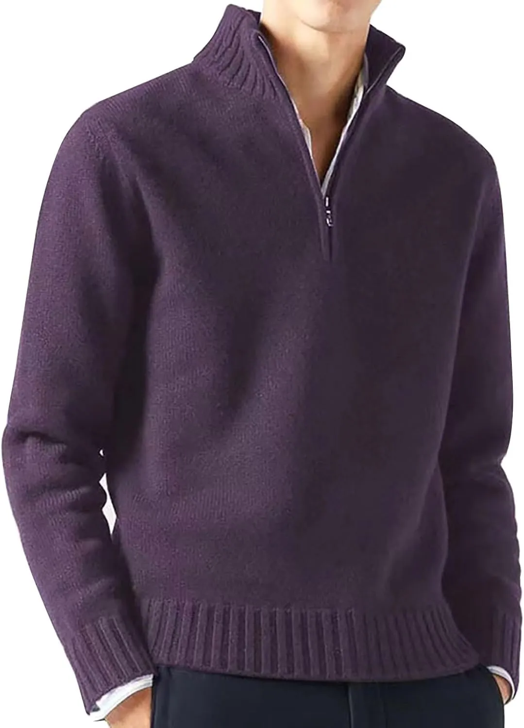 Mens Quarter Zip Pullover Sweater Plus Size Slim Fit Mock Neck Rib Knitted Polo Jumper Casual Winter Warm Sweatshirt