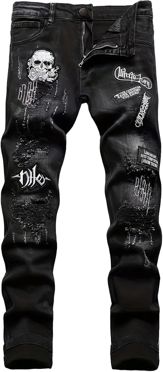 Men's Retro Distressed Embroidered Jeans