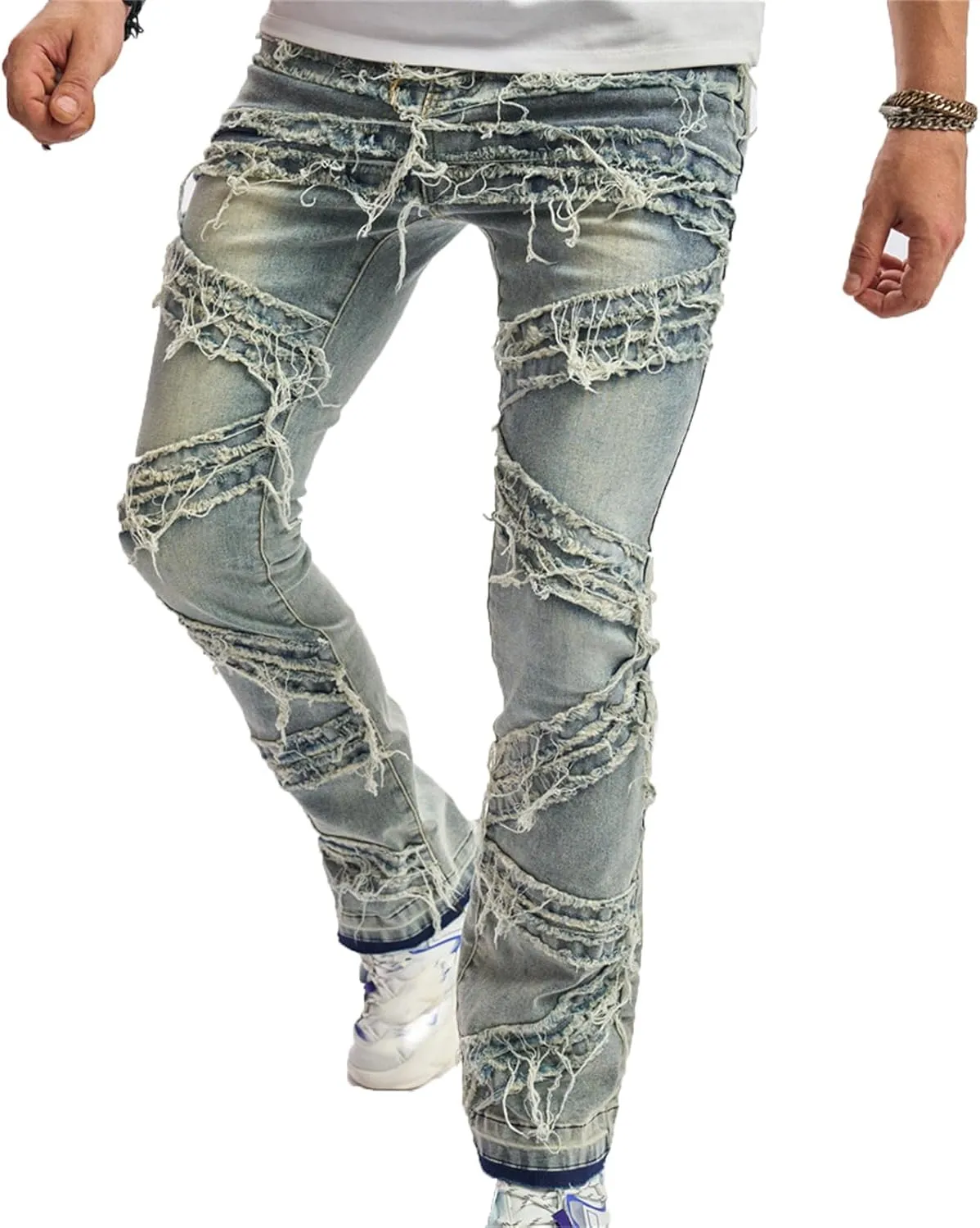 Mens Ripped Stacked Jeans Regular Fit Stacked Jeans Fashion Streetwear Denim Pants