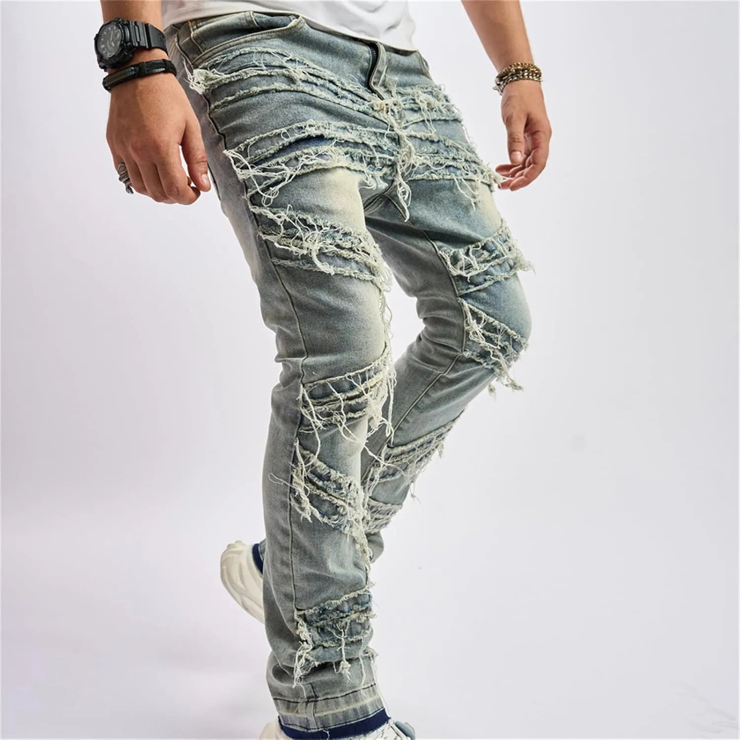 Mens Ripped Stacked Jeans Regular Fit Stacked Jeans Fashion Streetwear Denim Pants