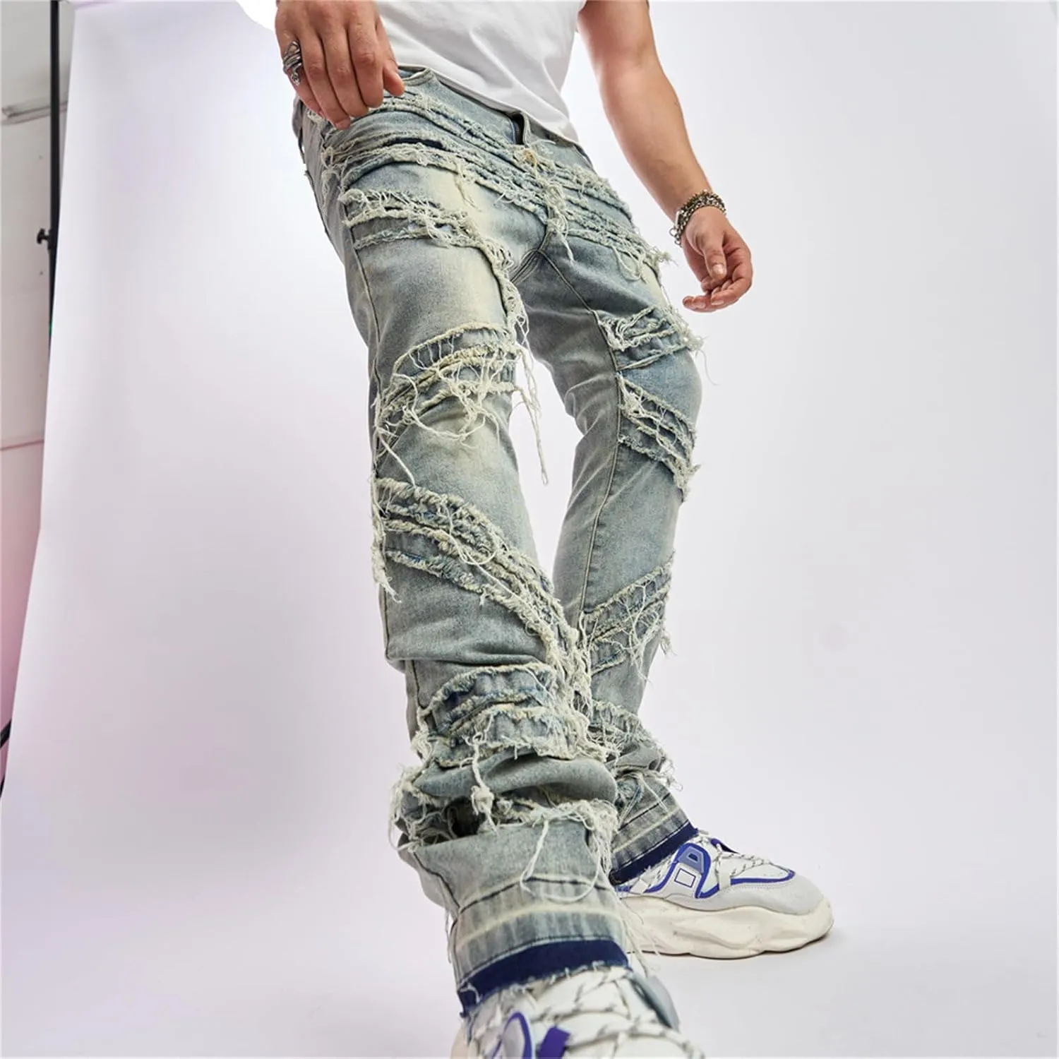 Mens Ripped Stacked Jeans Regular Fit Stacked Jeans Fashion Streetwear Denim Pants