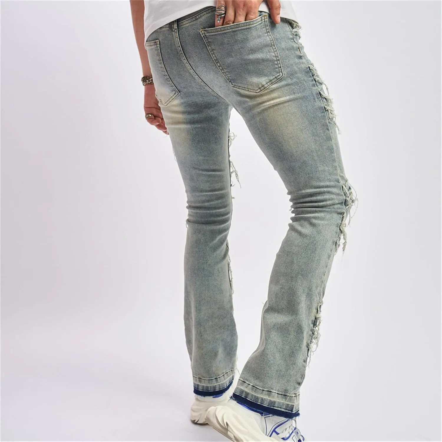 Mens Ripped Stacked Jeans Regular Fit Stacked Jeans Fashion Streetwear Denim Pants