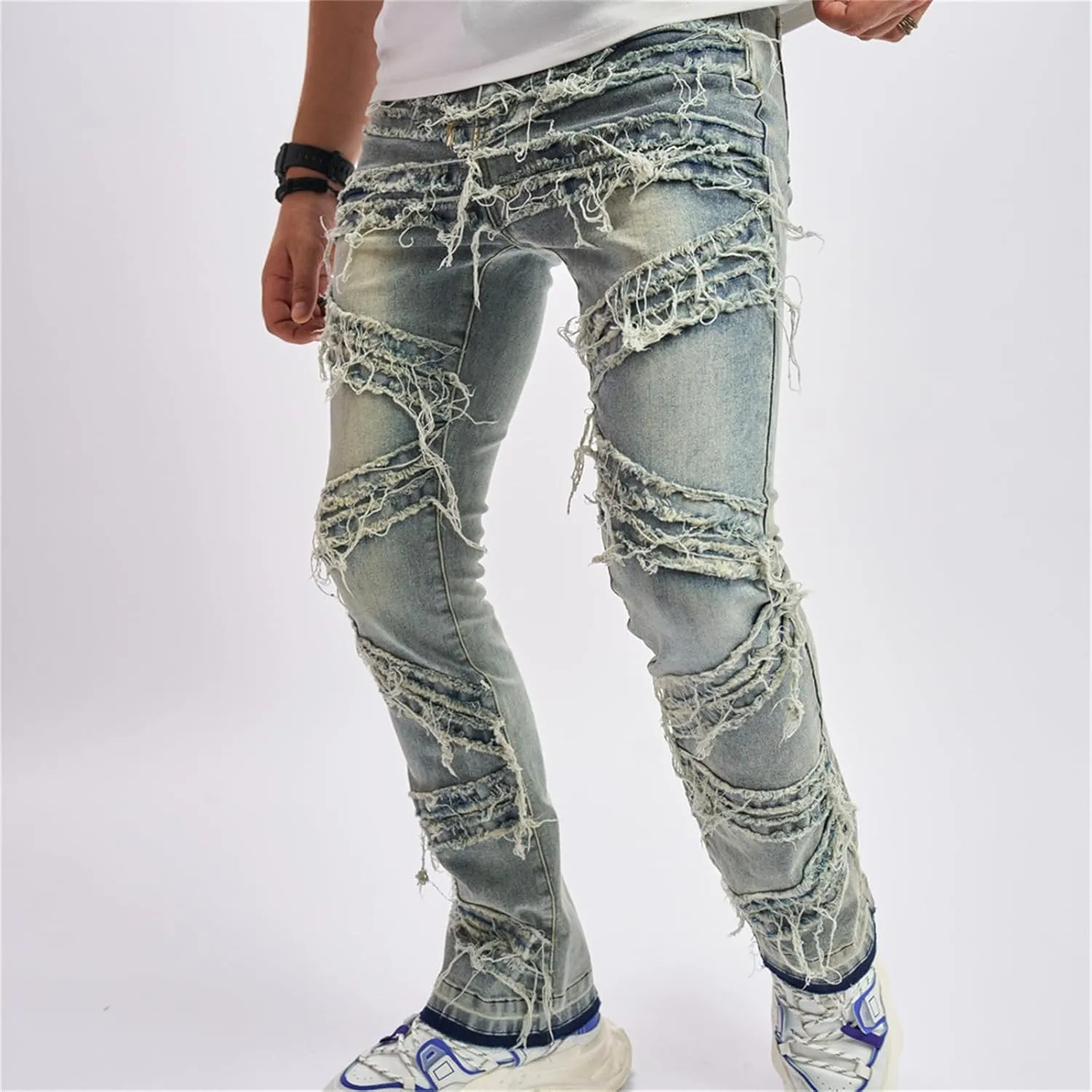 Mens Ripped Stacked Jeans Regular Fit Stacked Jeans Fashion Streetwear Denim Pants