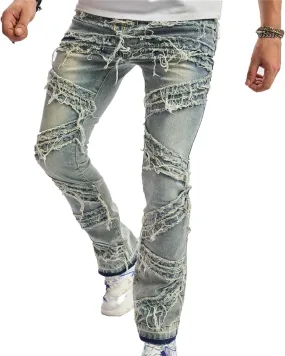 Mens Ripped Stacked Jeans Regular Fit Stacked Jeans Fashion Streetwear Denim Pants