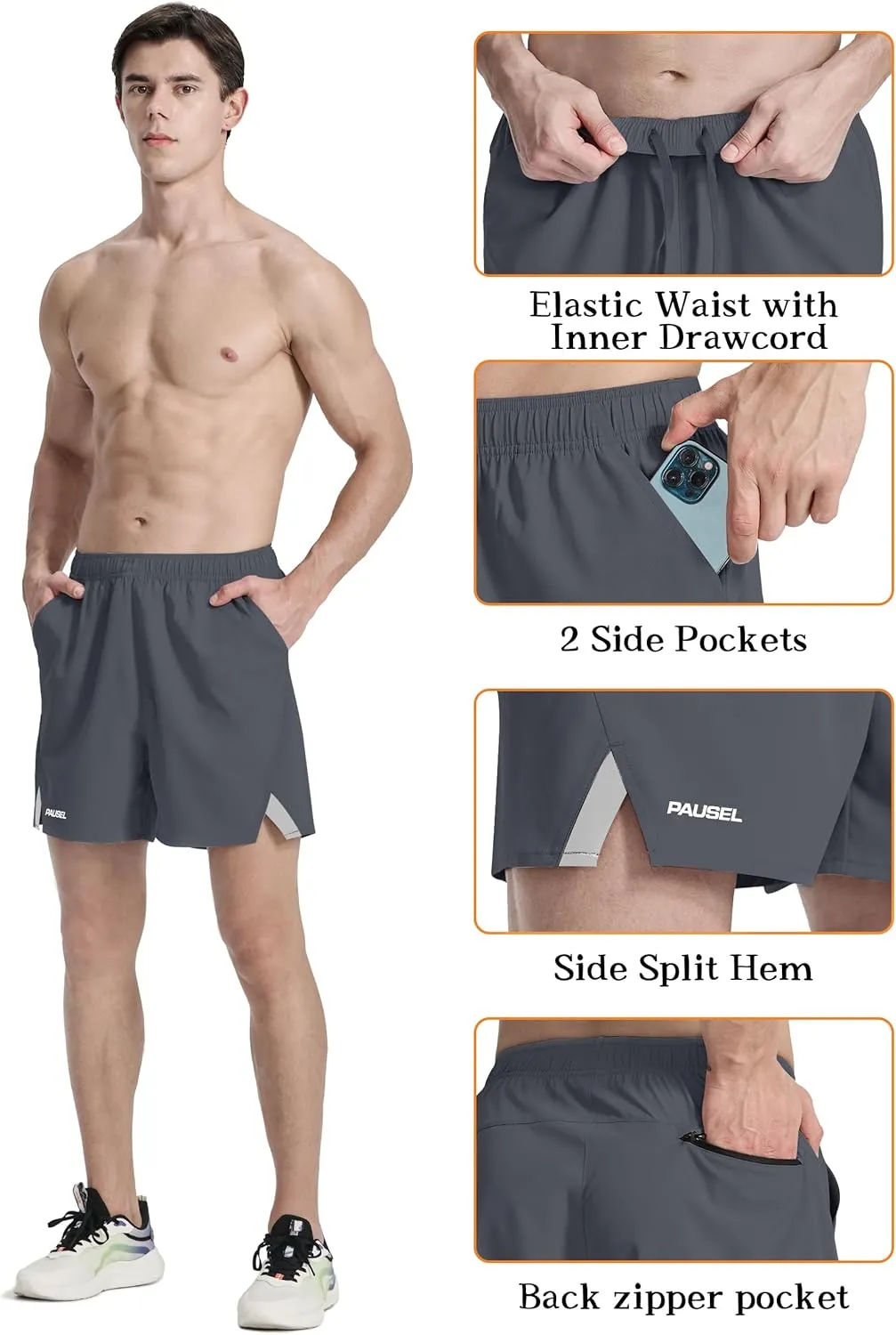 Men's Running Athletic Shorts 5 inch Quick Dry Workout Short Tennis Gym Shorts with Zipper Pockets