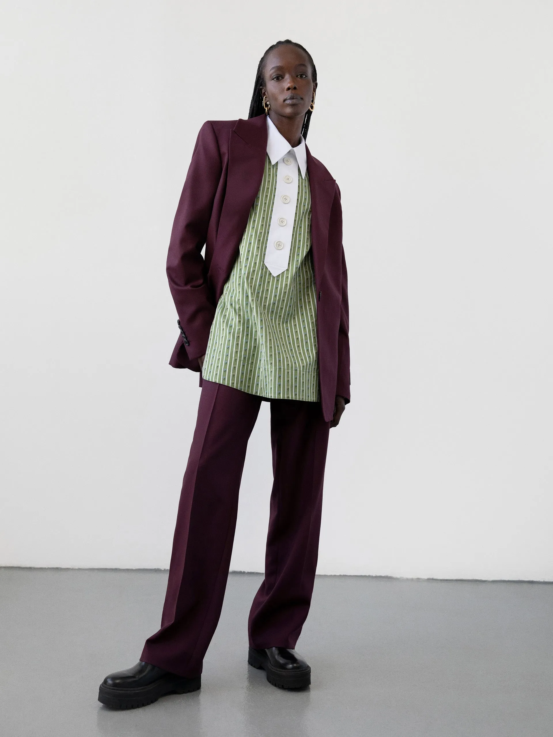 Moss green and white contrast collar shirt
