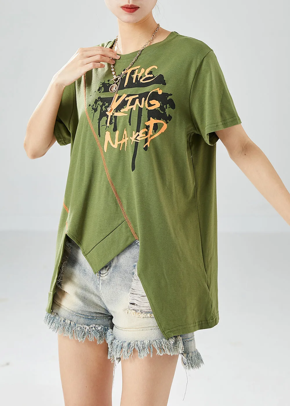 Natural Green Asymmetrical Design Print Cotton Tank Tops Summer LY6136