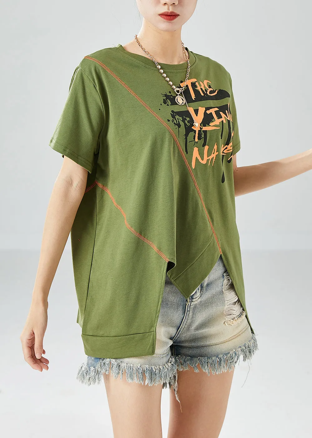Natural Green Asymmetrical Design Print Cotton Tank Tops Summer LY6136