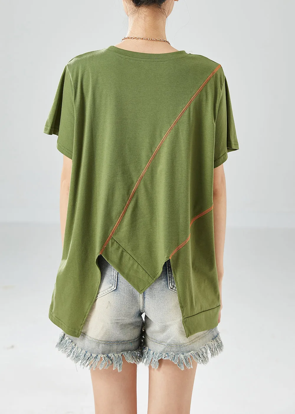 Natural Green Asymmetrical Design Print Cotton Tank Tops Summer LY6136
