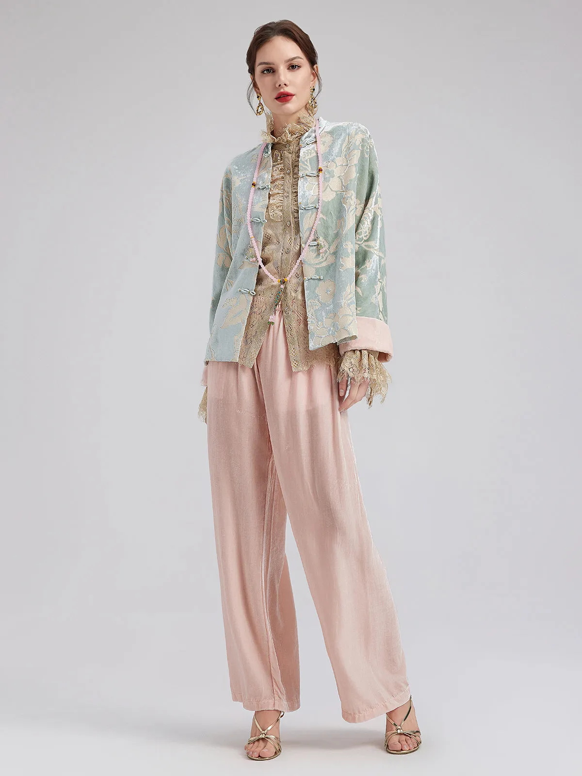 Neo Chinese Style Velvet Floral Jacket（Includes Necklace）