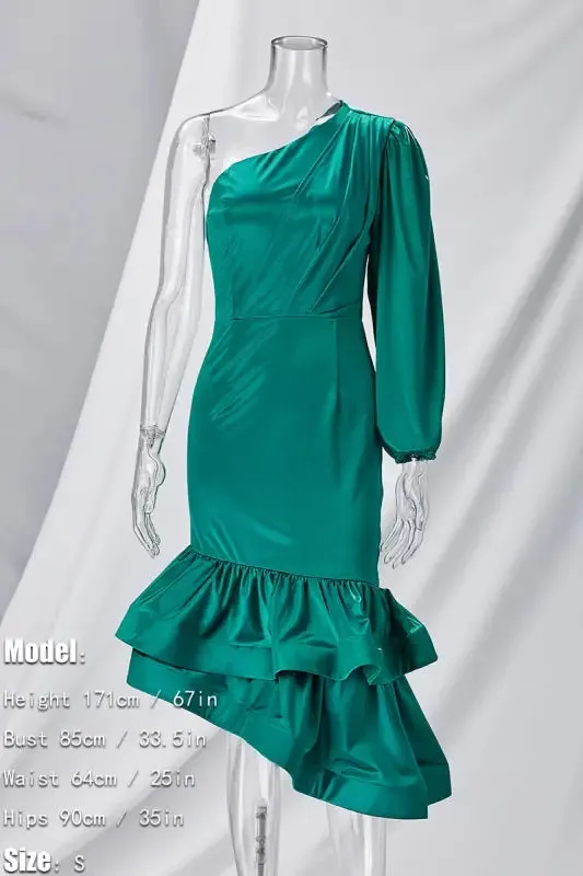 One Shoulder Asymmetrical Ruffle Hem Midi Dress