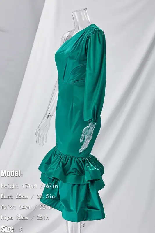 One Shoulder Asymmetrical Ruffle Hem Midi Dress