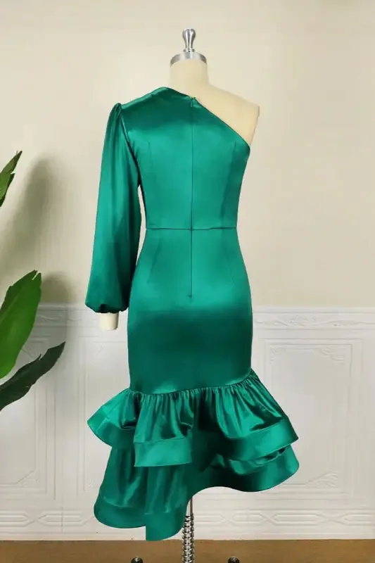 One Shoulder Asymmetrical Ruffle Hem Midi Dress