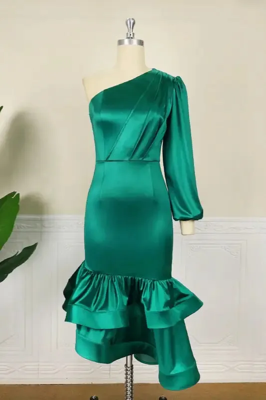 One Shoulder Asymmetrical Ruffle Hem Midi Dress