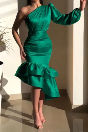One Shoulder Asymmetrical Ruffle Hem Midi Dress