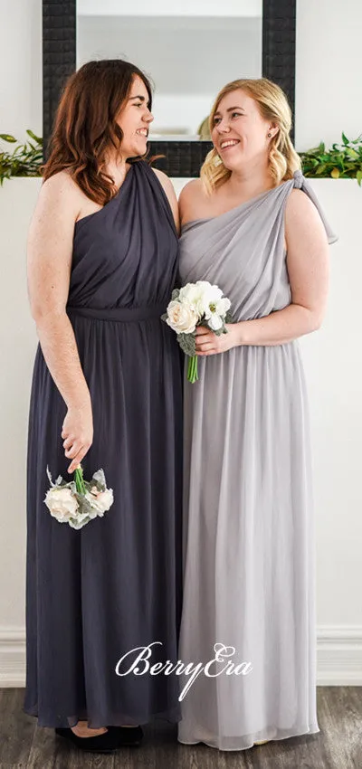 One Shoulder Grey Chiffon Long Bridesmaid Dresses