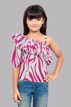 One Shoulder Zebra Print Top with Ruffles- Magenta