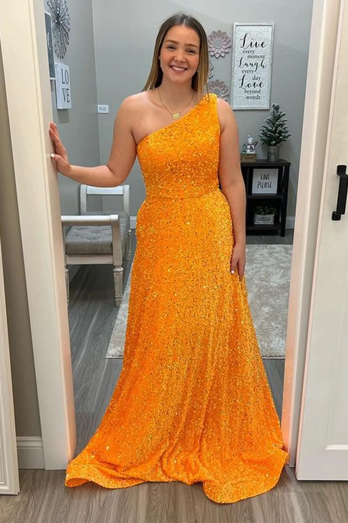 Orange Sequins One Shoulder Long Prom Dresses, Shiny Orange Formal Graduation Evening Dresses WT1090