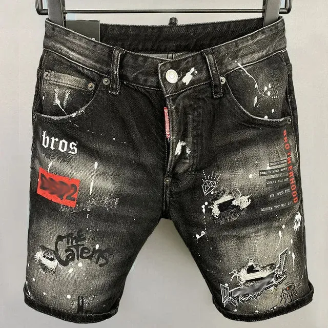 Patchwork Ripped Mid Waist Denim Shorts