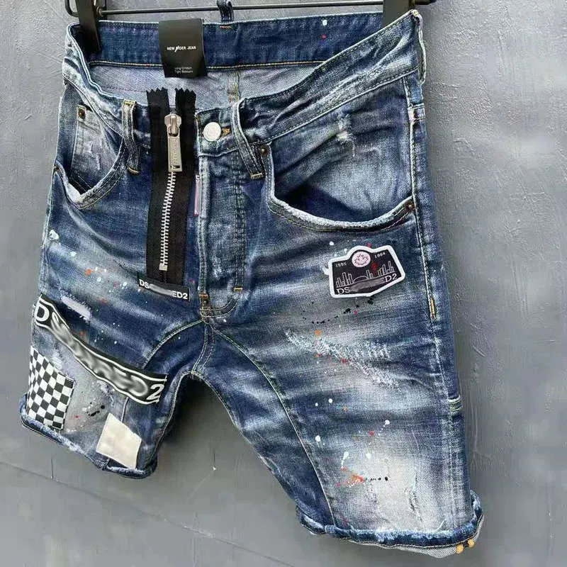 Patchwork Ripped Mid Waist Denim Shorts