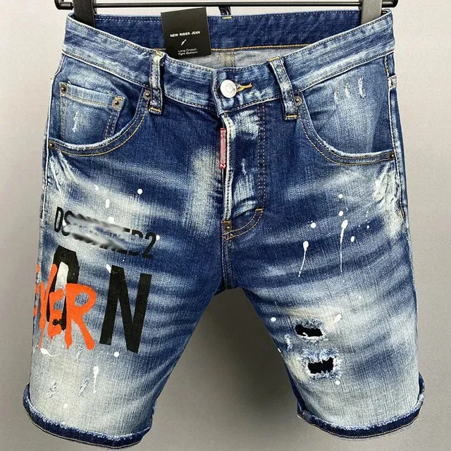 Patchwork Ripped Mid Waist Denim Shorts