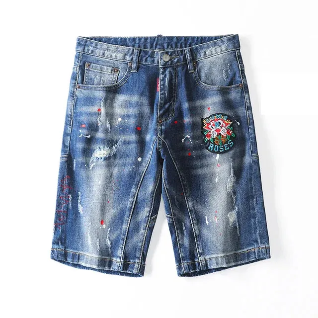 Patchwork Ripped Mid Waist Denim Shorts