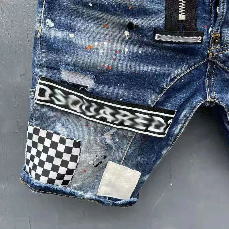 Patchwork Ripped Mid Waist Denim Shorts