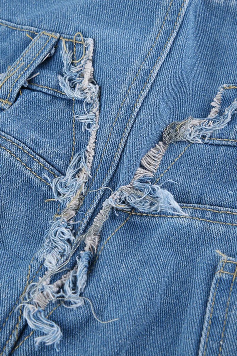 QQ3258 Ripped Denim Long Skirt
