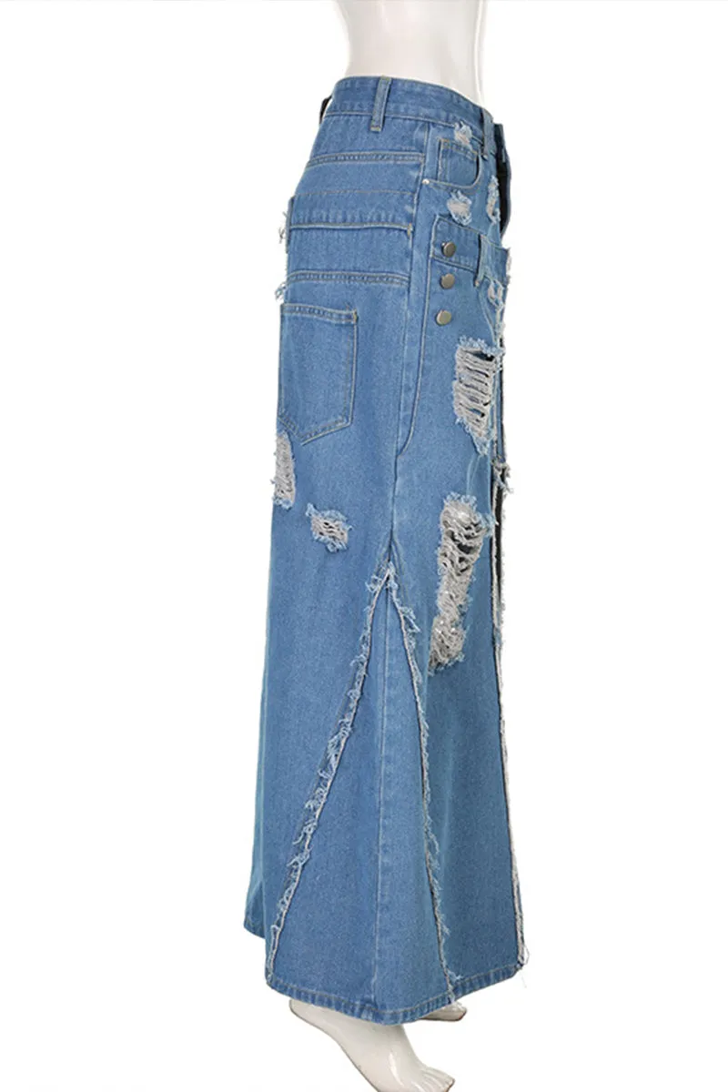 QQ3258 Ripped Denim Long Skirt