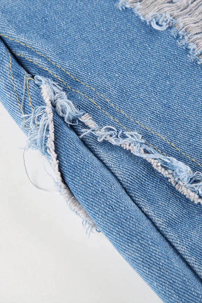 QQ3258 Ripped Denim Long Skirt