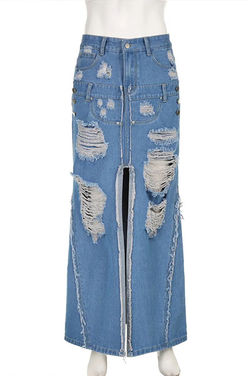 QQ3258 Ripped Denim Long Skirt
