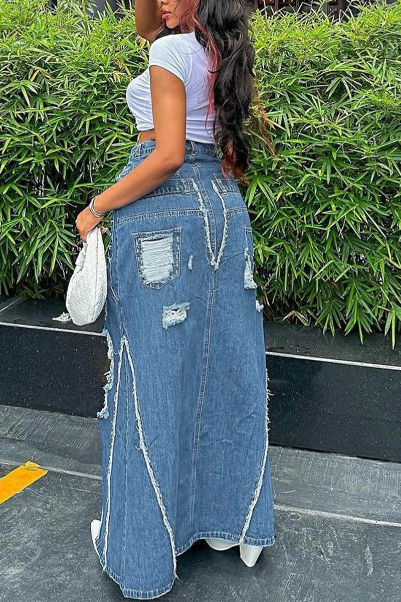 QQ3258 Ripped Denim Long Skirt