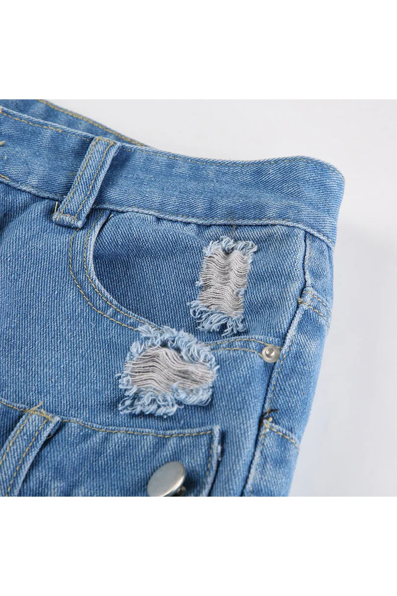 QQ3258 Ripped Denim Long Skirt