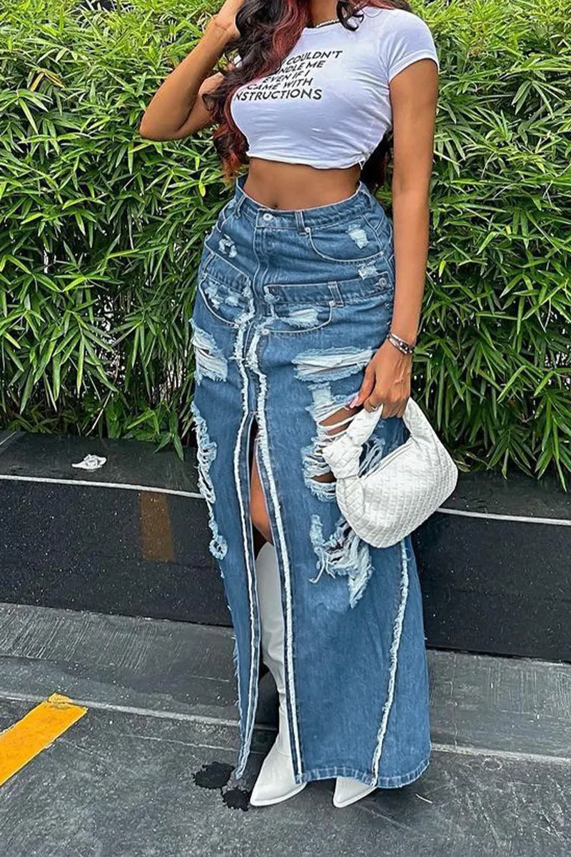 QQ3258 Ripped Denim Long Skirt