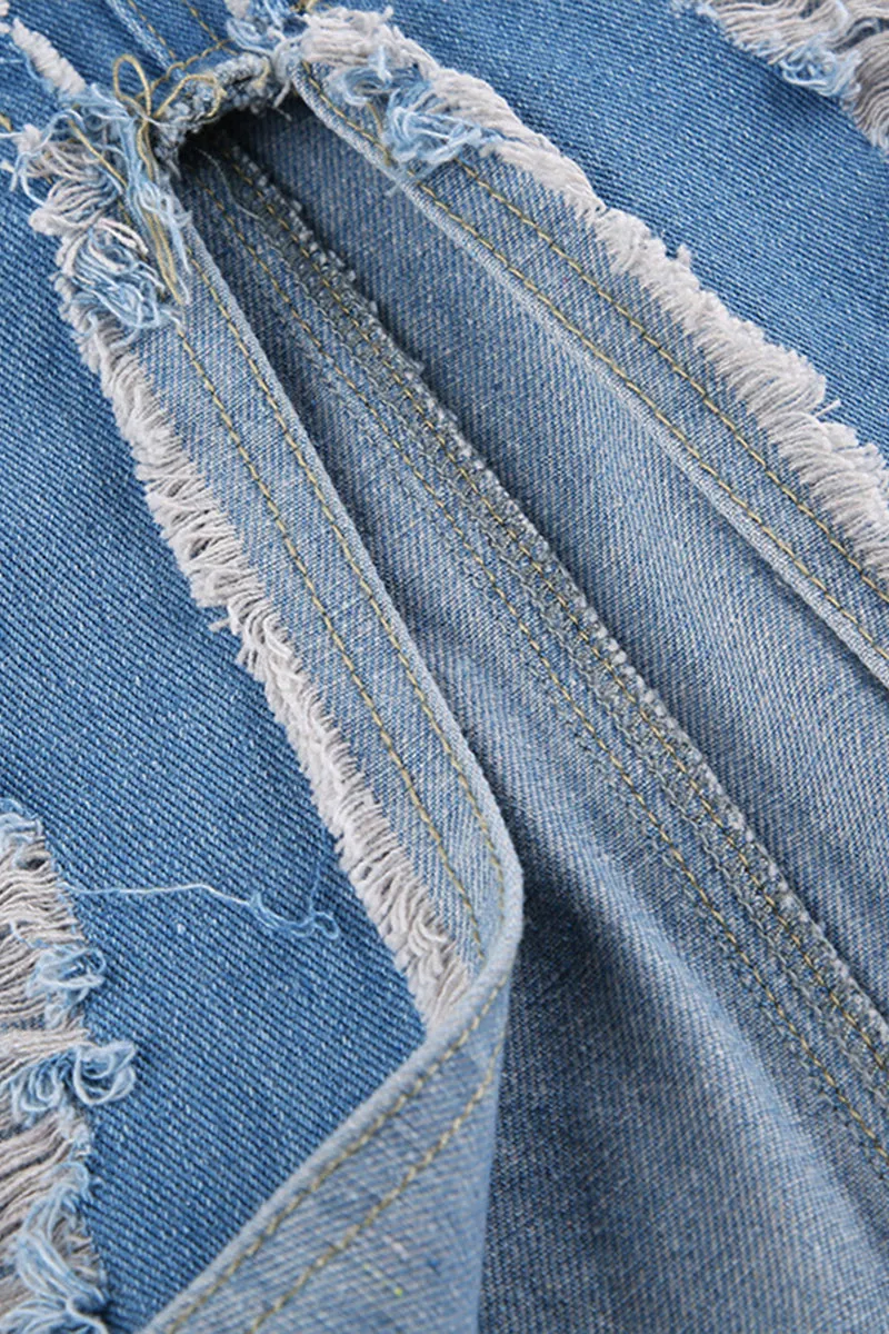 QQ3258 Ripped Denim Long Skirt