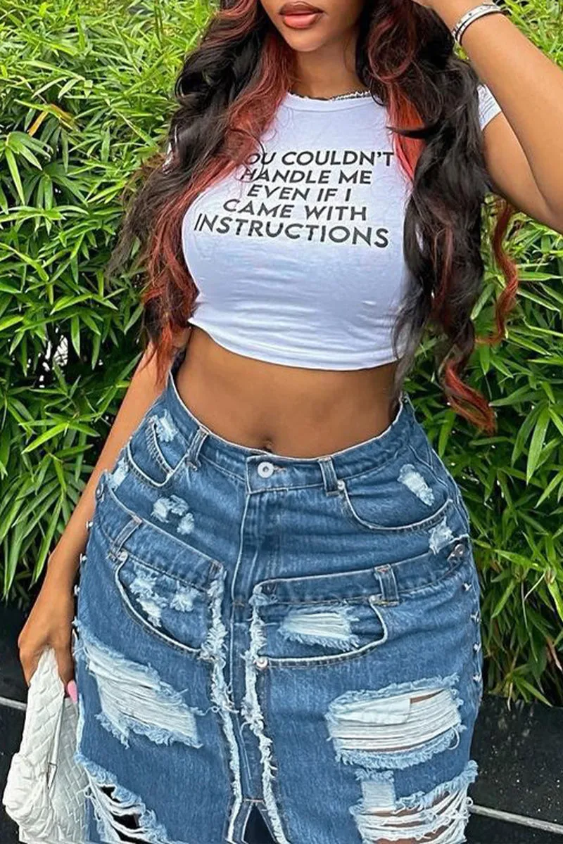 QQ3258 Ripped Denim Long Skirt