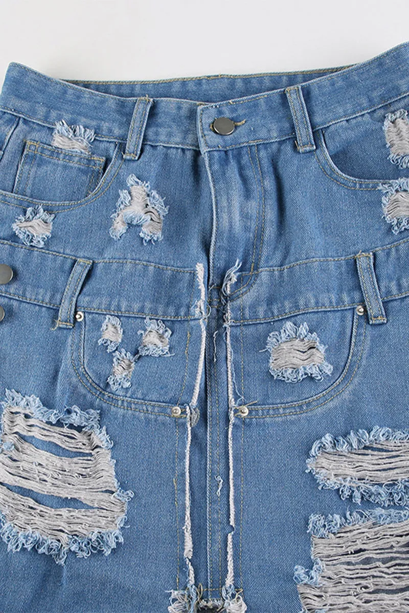 QQ3258 Ripped Denim Long Skirt